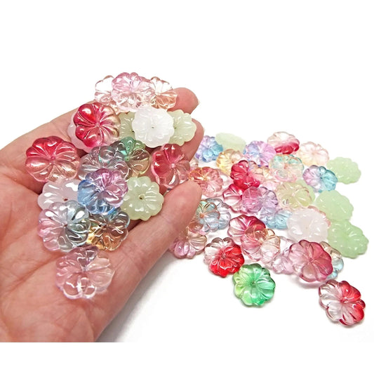 Glass Flower Beads in Mixed Colours 15 x 4mm, Flatback Centre Drilled