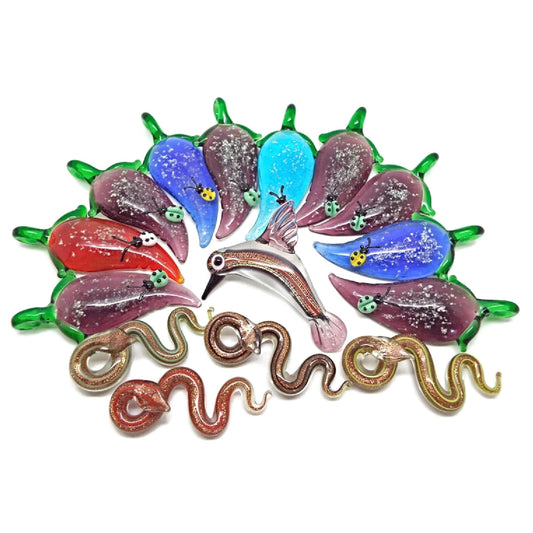 Destash Pendants, Lampwork Glass Leaf with Ladybird, Humming Bird and Snakes