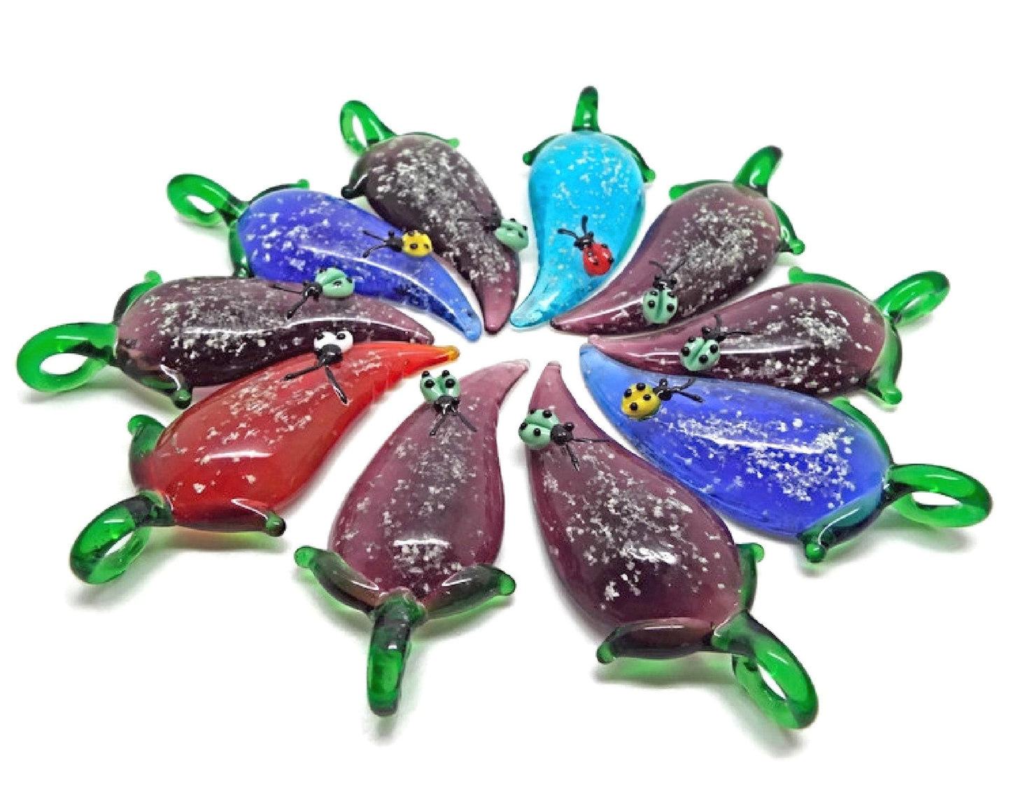 Destash Pendants, Lampwork Glass Leaf with Ladybird, Humming Bird and Snakes