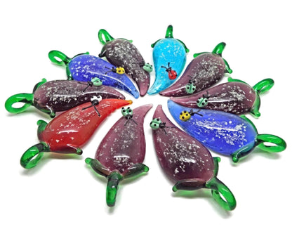 Destash Pendants, Lampwork Glass Leaf with Ladybird, Humming Bird and Snakes