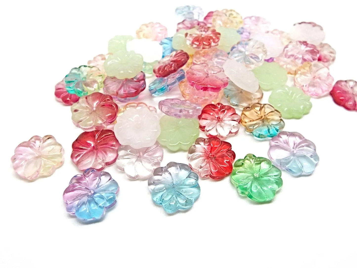 Glass Flower Beads in Mixed Colours 15 x 4mm, Flatback Centre Drilled