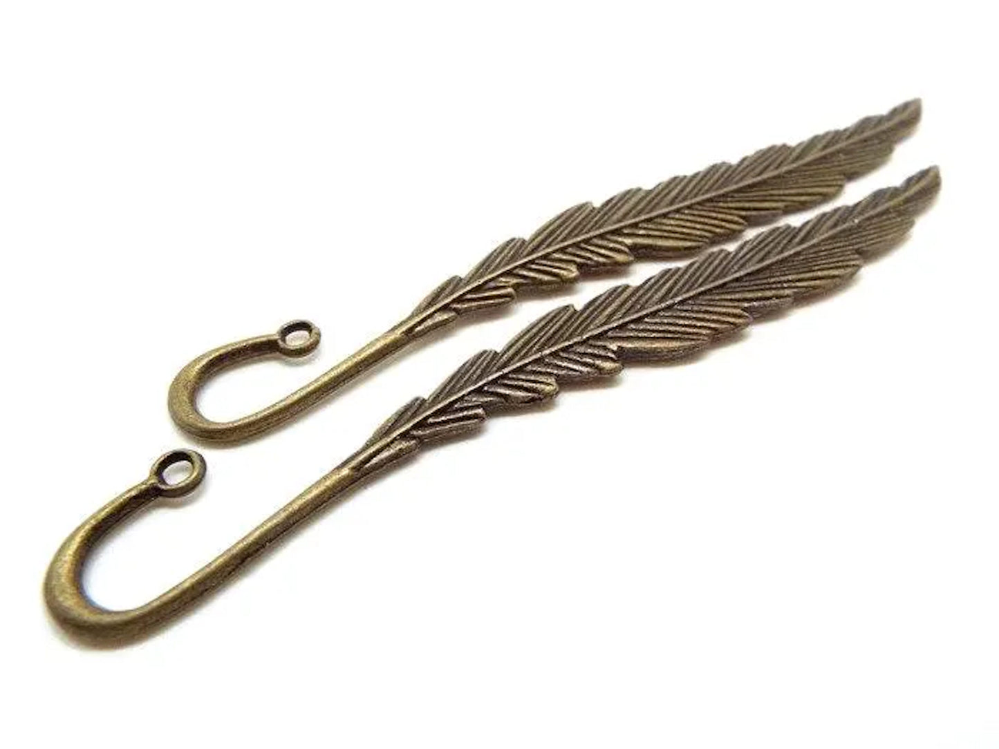 5 BRONZE FEATHER BOOKMARKS in an Antique Style, Blanks for Beads & Charms, 116x14mm