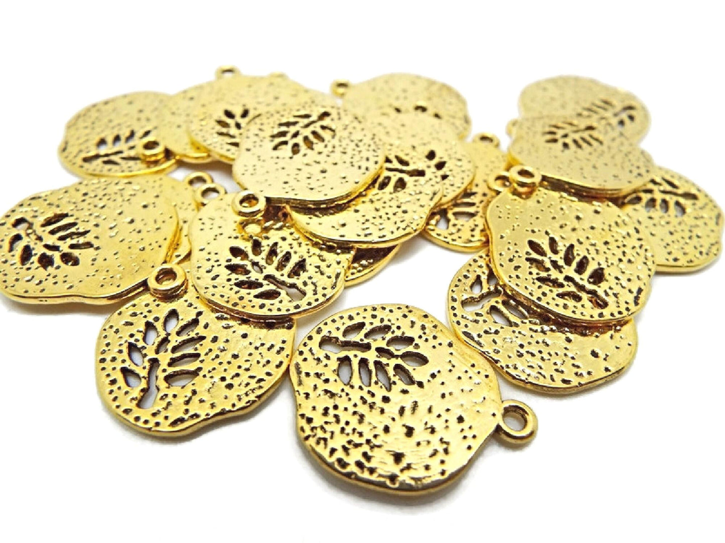 20 Golden Leaf Charms in Irregular Round Design for Jewellery Making