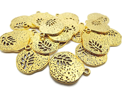 20 Golden Leaf Charms in Irregular Round Design for Jewellery Making
