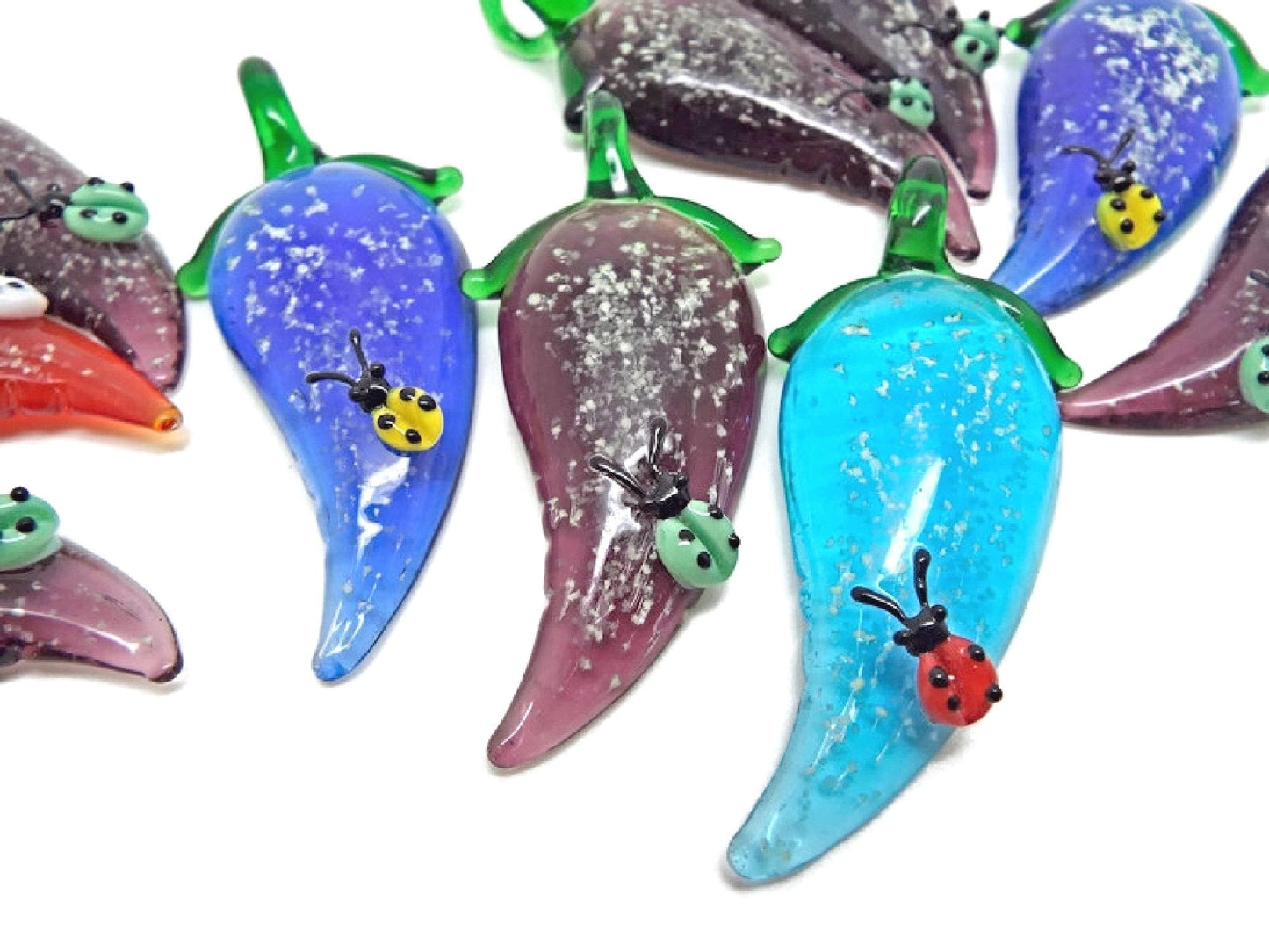 Destash Pendants, Lampwork Glass Leaf with Ladybird, Humming Bird and Snakes