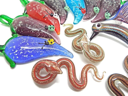 Destash Pendants, Lampwork Glass Leaf with Ladybird, Humming Bird and Snakes