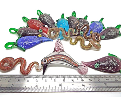 Destash Pendants, Lampwork Glass Leaf with Ladybird, Humming Bird and Snakes