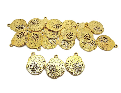 20 Golden Leaf Charms in Irregular Round Design for Jewellery Making