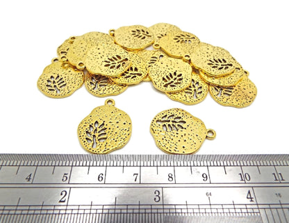 20 Golden Leaf Charms in Irregular Round Design for Jewellery Making