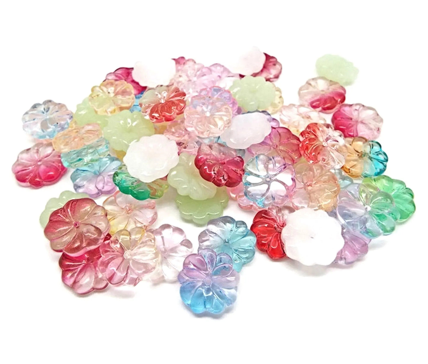 Glass Flower Beads in Mixed Colours 15 x 4mm, Flatback Centre Drilled