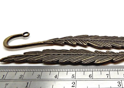 5 BRONZE FEATHER BOOKMARKS in an Antique Style, Blanks for Beads & Charms, 116x14mm
