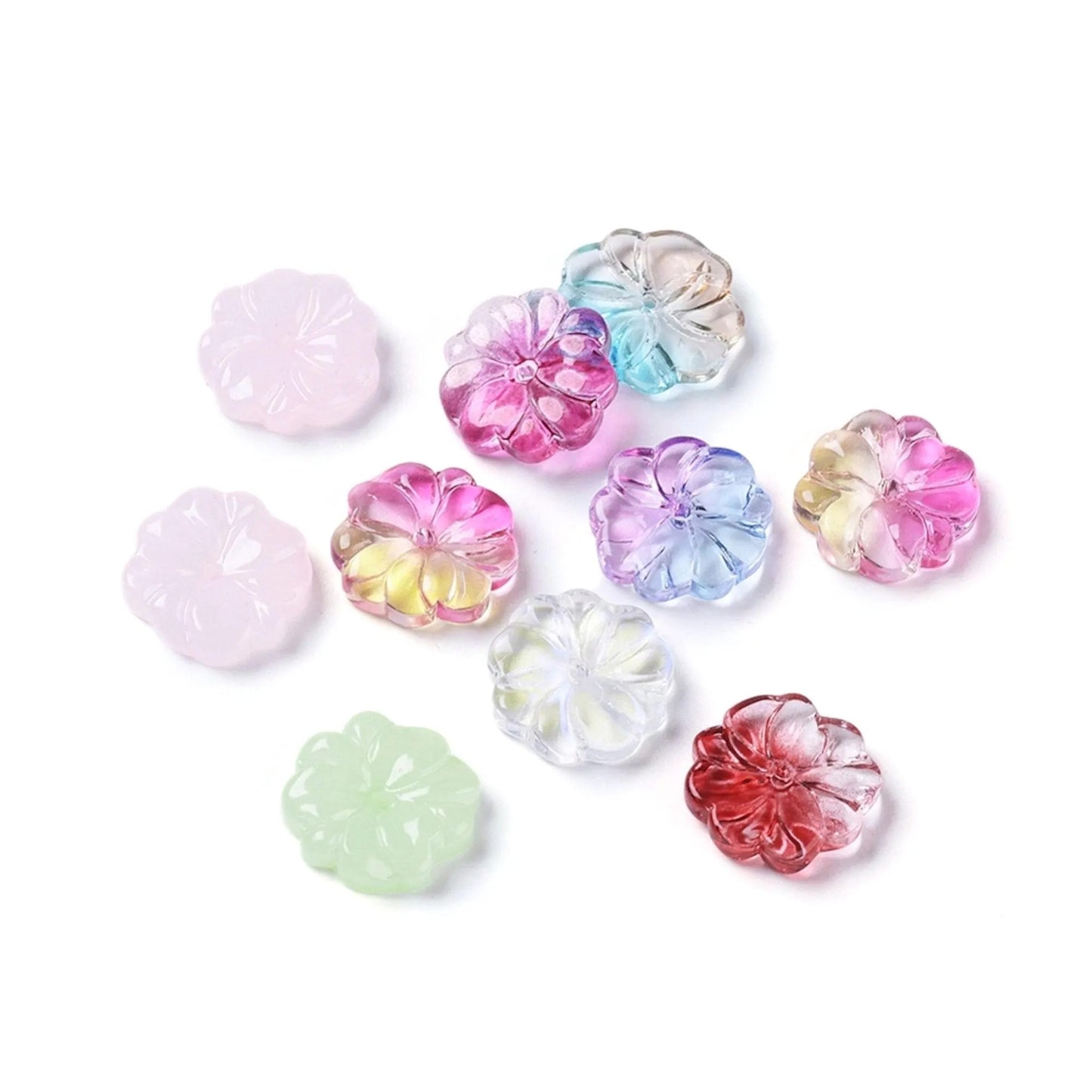 Glass Flower Beads in Mixed Colours 15 x 4mm, Flatback Centre Drilled