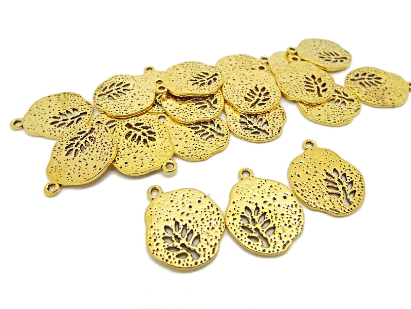 20 Golden Leaf Charms in Irregular Round Design for Jewellery Making