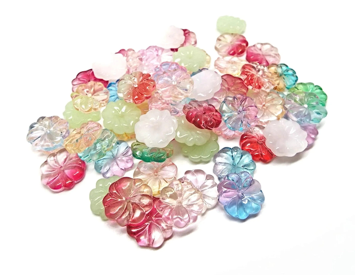 Glass Flower Beads in Mixed Colours 15 x 4mm, Flatback Centre Drilled