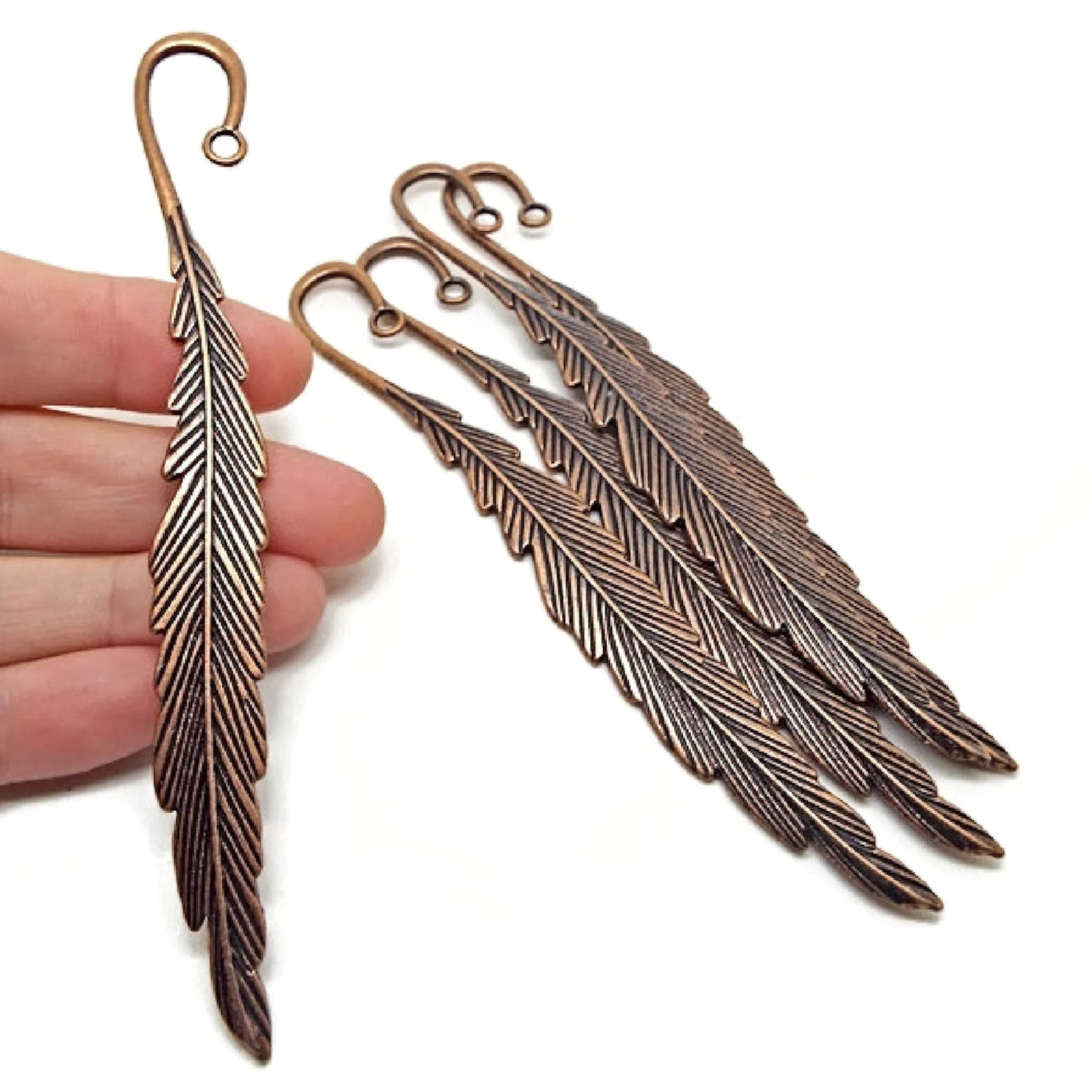 5 RED COPPER FEATHER BOOKMARKS in an Antique Style, Blanks for Beads & Charms, 116x14mm