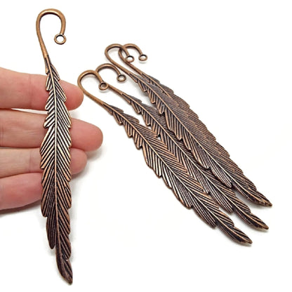 5 RED COPPER FEATHER BOOKMARKS in an Antique Style, Blanks for Beads & Charms, 116x14mm