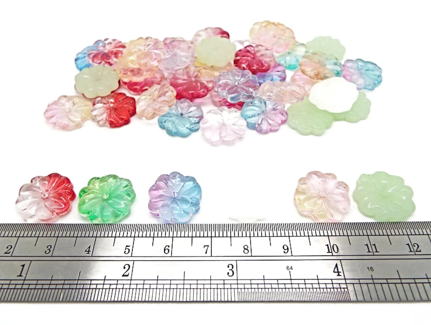 Glass Flower Beads in Mixed Colours 15 x 4mm, Flatback Centre Drilled