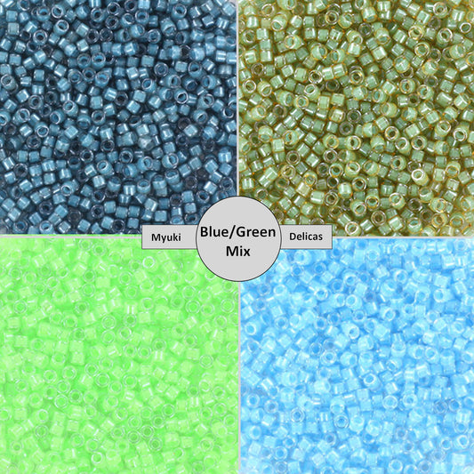 4x 5g Packs Miyuki Delica Beads in Green Blue Mix, Size 11/0 DB2040 DB2052 DB2054 & DB2039