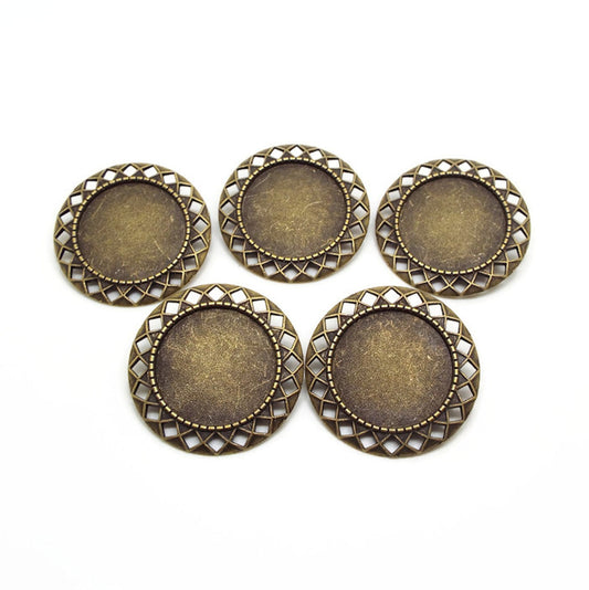 5 Decorative Edge Brooch Blanks in Antique Bronze with 25mm Setting