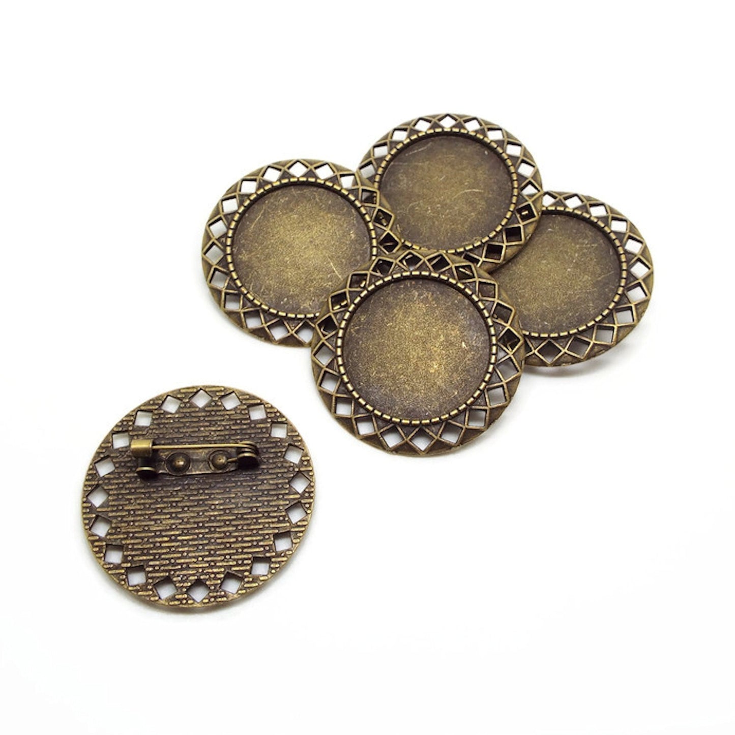 5 Decorative Edge Brooch Blanks in Antique Bronze with 25mm Setting