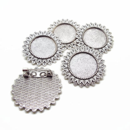 5 Sunflower Brooch Blanks in Antique Silver Tone with 20mm Setting