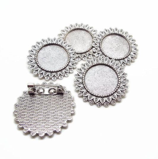 5 Sunflower Brooch Blanks in Antique Silver Tone with 20mm Setting