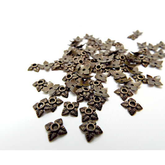 100 Bronze Tone Bead Caps, 6mm with a Leaf Design, Jewellery Findings