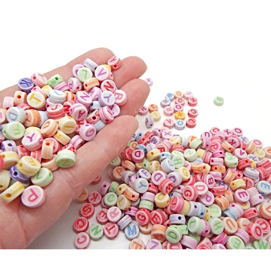 500 ROUND LETTER BEADS in Candy Colours, 6x3mm with 1mm Hole, Acrylic Jewellery Alphabet Crafts