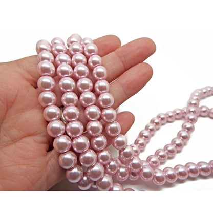 100 Pink Glass Pearl Round 8mm Beads, 82cm Strand with 1mm Hole for Jewellery