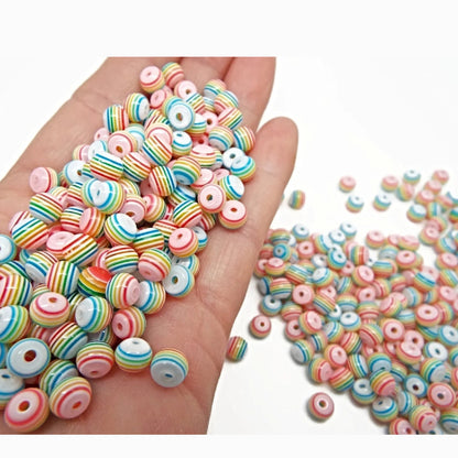 100 Striped Rainbow Beads, 6mm Round Resin Beads in Mixed Colors