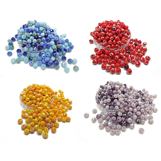 300 GLASS RONDELLE FACETED BEADS Available in 7 Colour Mixes, 6x4mm with AB Coating and 1mm Hole