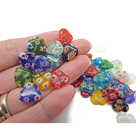 MILLEFIORI HEART BEADS Pack of 20 12mm Glass Flower Retro Beads in Mixed Colors