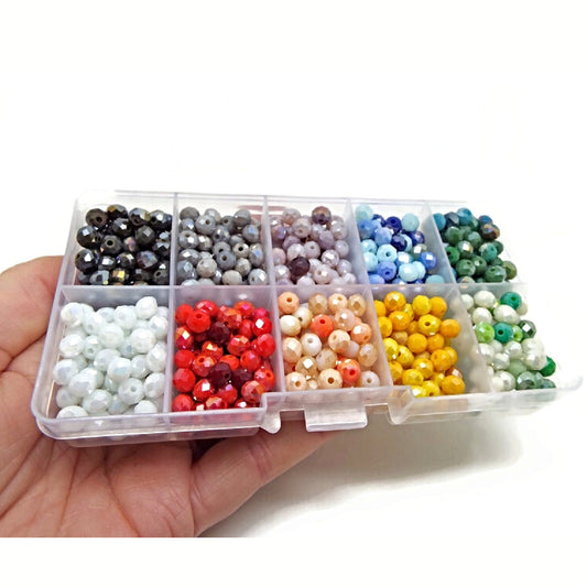 GLASS RONDELLE BEAD BOX 6x4mm Glass Beads with AB Coating, 750 Beads in 10 Color Mix