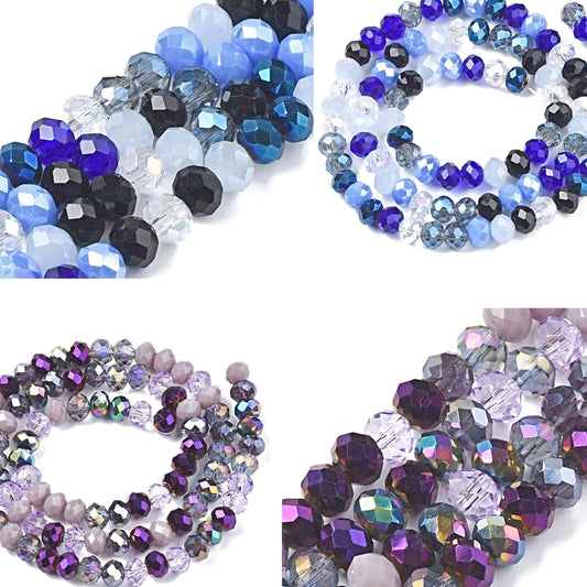 6mm Rondelle Beads, 2 Strands of 90 Electroplated Faceted Glass in Blue and Purple, 6x5mm Glass Crystals