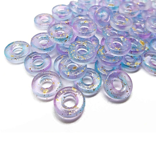 50 DOUGHNUT SHAPE Glass Beads with Gold Foil in Purple and Blue, 11x3mm Hole 4mm, Flat Back Cabochons with Domed Top