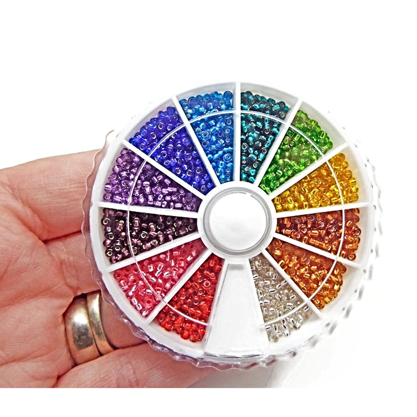 1800 PRECIOSA SEED BEAD WHEEL Silver Lined Size 11/0 in a 12 Color Mix, 150 Beads in Each Section