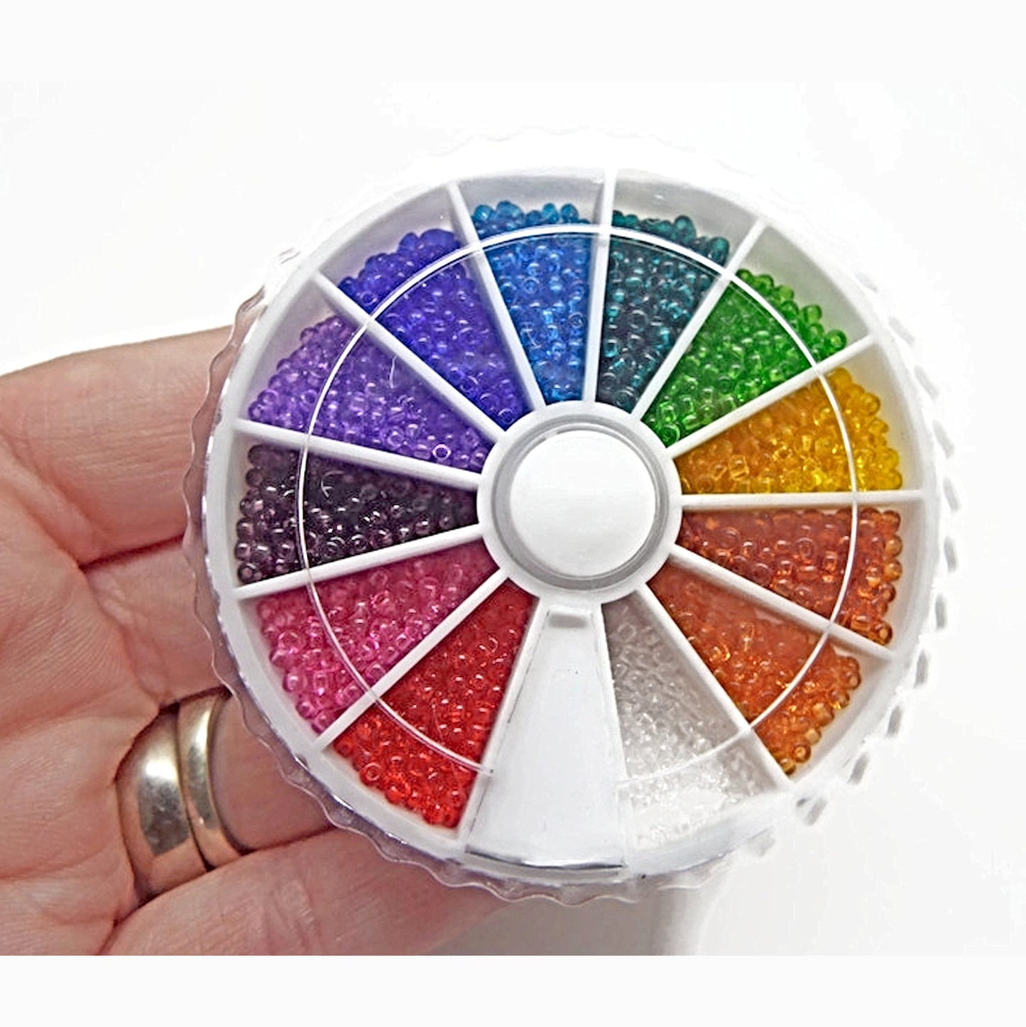 1800 PRECIOSA SEED BEAD WHEEL Transparent Size 11/0 in a 12 Color Mix, 150 Beads in Each Section