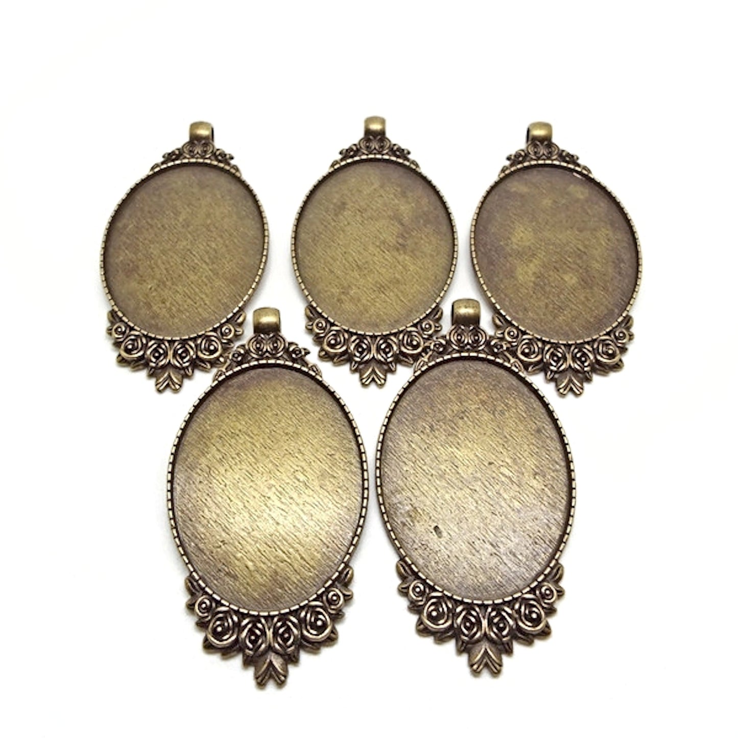 5 Oval Bezel Rose Pendants in Antique Bronze 62x32mm, Cabochon Setting is 39x29x2mm