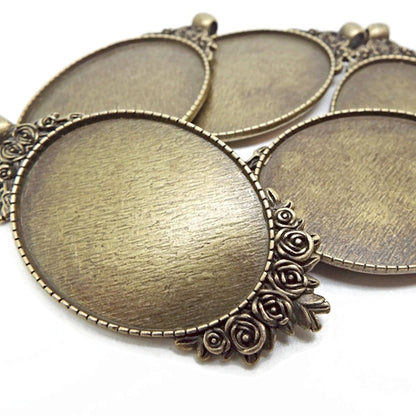 5 Oval Bezel Rose Pendants in Antique Bronze 62x32mm, Cabochon Setting is 39x29x2mm