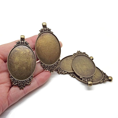 5 Oval Bezel Rose Pendants in Antique Bronze 62x32mm, Cabochon Setting is 39x29x2mm