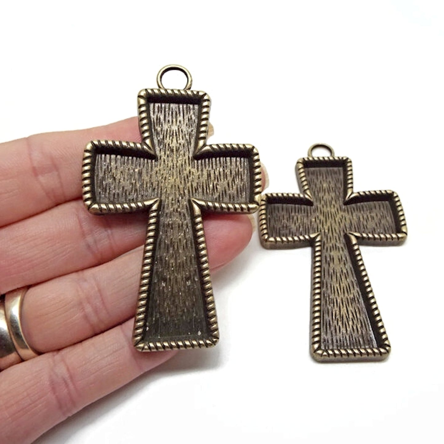 2 Large Bronze Cross Pendant Bezels 70x42mm for Enamel, Resin or Clay Setting Jewellery with 2.5mm Depth