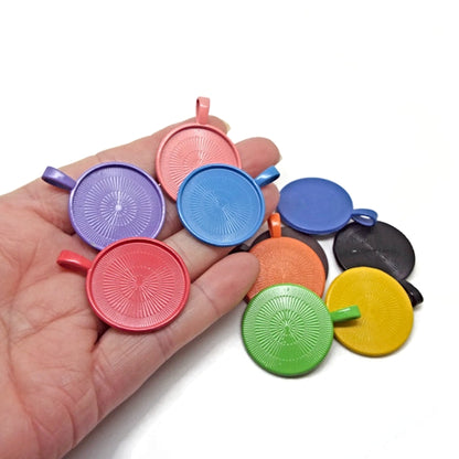 10 Colourful Round Bezel Cabochon Setting Pendants, 1 Each of 10 Colours with a 25mm Tray