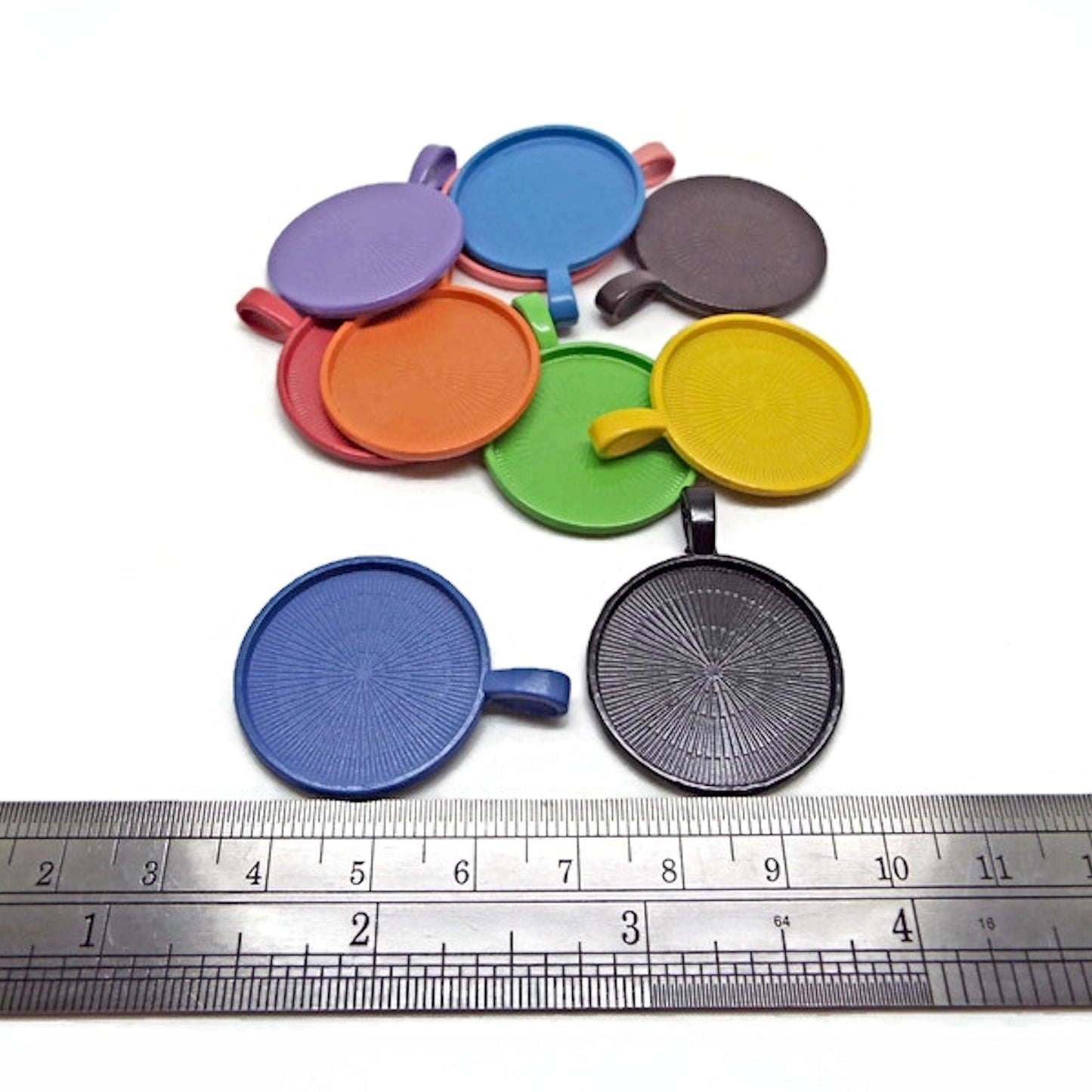 10 Colourful Round Bezel Cabochon Setting Pendants, 1 Each of 10 Colours with a 25mm Tray