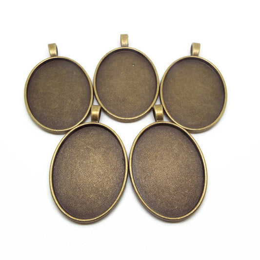 5 Oval Bezel Tray Pendants, Antique Bronze 40x30mm, Cabochon Setting is 51x33x2mm