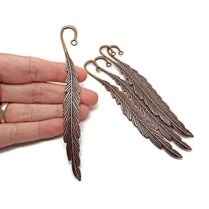 5 RED COPPER FEATHER BOOKMARKS in an Antique Style, Blanks for Beads & Charms, 116x14mm