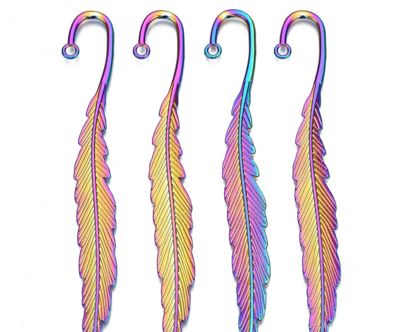 5 Rainbow Feather Bookmarks, Metal Electroplated Blanks for Beads & Charms, Bookworm Gift