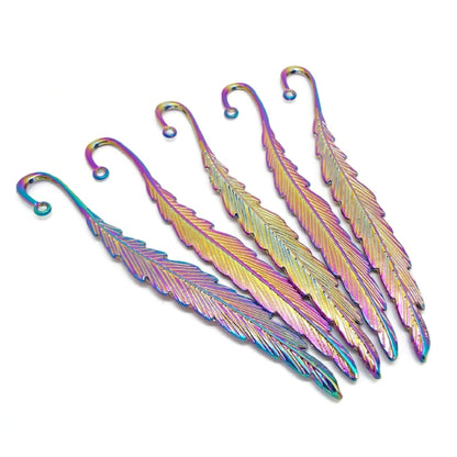 5 Rainbow Feather Bookmarks, Metal Electroplated Blanks for Beads & Charms, Bookworm Gift