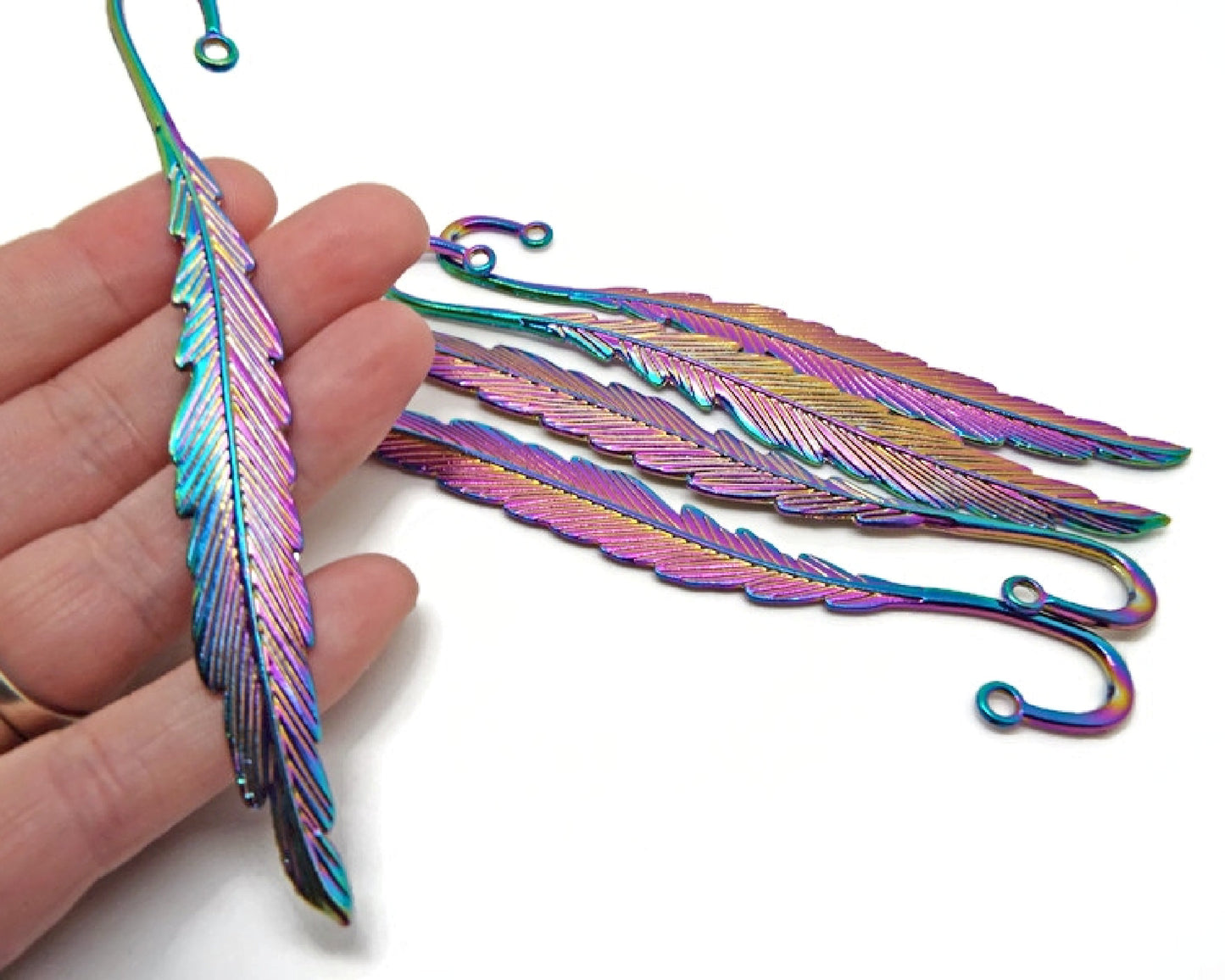 5 Rainbow Feather Bookmarks, Metal Electroplated Blanks for Beads & Charms, Bookworm Gift