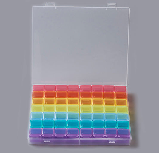 56 Section Seed Bead Storage Box in Rainbow Colours with Clear Outer Case 21x17.5cm