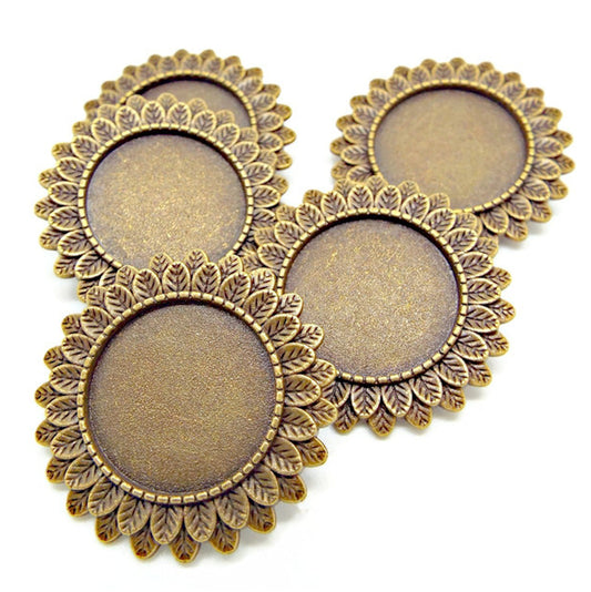 5 BRONZE SUNFLOWER BROOCH Bases with 20mm Round Cabochon Setting, 33mm Brooch